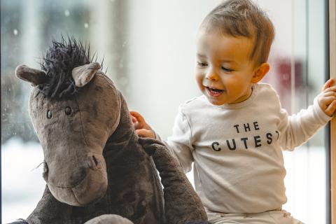 Ein fröhliches Kleinkind sitzt neben einem großen, kuscheligen Stoffpferd auf einer Fensterbank. Das Kind trägt einen Schlafanzug mit der Aufschrift 'The Cutest' und blickt neugierig nach draußen. Warmes Licht und freundliche Atmosphäre sorgen für eine liebevolle, gemütliche Stimmung.