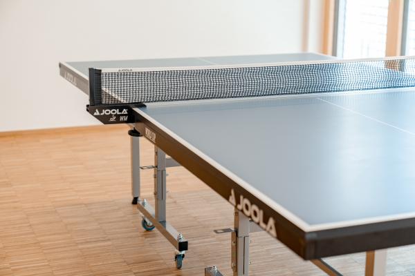 Eine hochwertige Tischtennisplatte der Marke JOOLA steht auf hellem Holzfu&szlig;boden in einem lichtdurchfluteten Raum. Die gl&auml;nzende Oberfl&auml;che und das pr&auml;zise gespannte Netz laden zu spannenden Matches ein. Ideal f&uuml;r sportliche Aktivit&auml;ten und geselligen Spielspa&szlig; in Innenbereichen.
